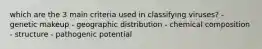 which are the 3 main criteria used in classifying viruses? - genetic makeup - geographic distribution - chemical composition - structure - pathogenic potential
