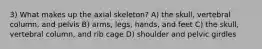 3) What makes up the axial skeleton? A) the skull, vertebral column, and pelvis B) arms, legs, hands, and feet C) the skull, vertebral column, and rib cage D) shoulder and pelvic girdles