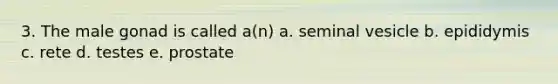 3. The male gonad is called a(n) a. seminal vesicle b. epididymis c. rete d. testes e. prostate