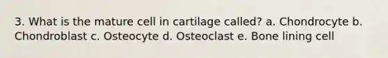 3. What is the mature cell in cartilage called? a. Chondrocyte b. Chondroblast c. Osteocyte d. Osteoclast e. Bone lining cell