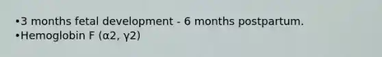 •3 months fetal development - 6 months postpartum. •Hemoglobin F (α2, γ2)