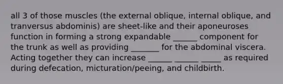 all 3 of those muscles (the external oblique, internal oblique, and tranversus abdominis) are sheet-like and their aponeuroses function in forming a strong expandable ______ component for the trunk as well as providing _______ for the abdominal viscera. Acting together they can increase ______ ______ _____ as required during defecation, micturation/peeing, and childbirth.