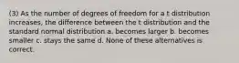 (3) As the number of degrees of freedom for a t distribution increases, the difference between the t distribution and the standard normal distribution a. becomes larger b. becomes smaller c. stays the same d. None of these alternatives is correct.