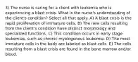 3) The nurse is caring for a client with leukemia who is experiencing a blast crisis. What is the nurse's understanding of the client's condition? Select all that apply. A) A blast crisis is the rapid proliferation of immature cells. B) The new cells resulting from the client's condition have distinct morphology and specialized functions. C) This condition occurs in early stage leukemias, such as chronic myelogenous leukemia. D) The most immature cells in the body are labeled as blast cells. E) The cells resulting from a blast crisis are found in the bone marrow and/or blood.