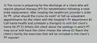 3) The nurse is preparing for the discharge of a client who will require physical therapy (PT) for rehabilitation following a total knee replacement. After reading the healthcare provider's order for PT, what should the nurse do next? A) Set up outpatient appointments for the client with the hospital's PT department B) Call home health and schedule a therapist to visit the client's home for PT C) Inform the client about the settings in which PT may occur and have the client choose the venue D) Teach the client's family the exercises that will be included in the client's PT regimen