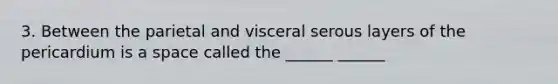 3. Between the parietal and visceral serous layers of the pericardium is a space called the ______ ______