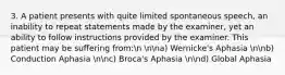 3. A patient presents with quite limited spontaneous speech, an inability to repeat statements made by the examiner, yet an ability to follow instructions provided by the examiner. This patient may be suffering from:n nna) Wernicke's Aphasia nnb) Conduction Aphasia nnc) Broca's Aphasia nnd) Global Aphasia