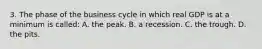 3. The phase of the business cycle in which real GDP is at a minimum is called: A. the peak. B. a recession. C. the trough. D. the pits.