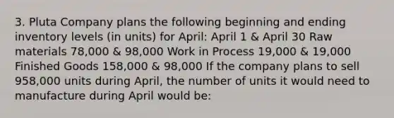 3. Pluta Company plans the following beginning and ending inventory levels (in units) for April: April 1 & April 30 Raw materials 78,000 & 98,000 Work in Process 19,000 & 19,000 Finished Goods 158,000 & 98,000 If the company plans to sell 958,000 units during April, the number of units it would need to manufacture during April would be: