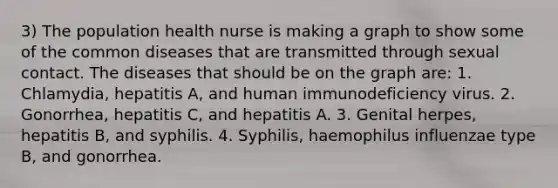 3) The population health nurse is making a graph to show some of the common diseases that are transmitted through sexual contact. The diseases that should be on the graph are: 1. Chlamydia, hepatitis A, and human immunodeficiency virus. 2. Gonorrhea, hepatitis C, and hepatitis A. 3. Genital herpes, hepatitis B, and syphilis. 4. Syphilis, haemophilus influenzae type B, and gonorrhea.