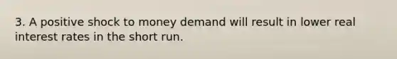 3. A positive shock to money demand will result in lower real interest rates in the short run.