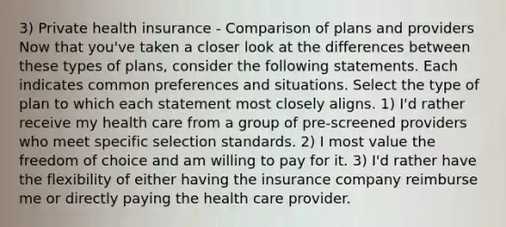 3) Private health insurance - Comparison of plans and providers Now that you've taken a closer look at the differences between these types of plans, consider the following statements. Each indicates common preferences and situations. Select the type of plan to which each statement most closely aligns. 1) I'd rather receive my health care from a group of pre-screened providers who meet specific selection standards. 2) I most value the freedom of choice and am willing to pay for it. 3) I'd rather have the flexibility of either having the insurance company reimburse me or directly paying the health care provider.