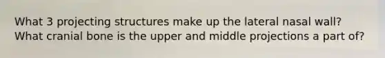 What 3 projecting structures make up the lateral nasal wall? What cranial bone is the upper and middle projections a part of?