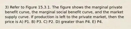 3) Refer to Figure 15.3.1. The figure shows the marginal private benefit curve, the marginal social benefit curve, and the market supply curve. If production is left to the private market, then the price is A) P1. B) P3. C) P2. D) greater than P4. E) P4.