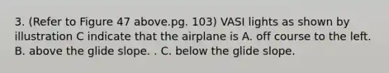 3. (Refer to Figure 47 above.pg. 103) VASI lights as shown by illustration C indicate that the airplane is A. off course to the left. B. above the glide slope. . C. below the glide slope.