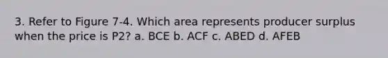 3. Refer to Figure 7-4. Which area represents producer surplus when the price is P2? a. BCE b. ACF c. ABED d. AFEB