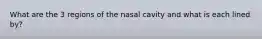 What are the 3 regions of the nasal cavity and what is each lined by?