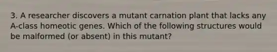 3. A researcher discovers a mutant carnation plant that lacks any A-class homeotic genes. Which of the following structures would be malformed (or absent) in this mutant?