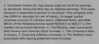 3. Schalheim Sisters Inc. has always paid out all of its earnings as dividends, hence the firm has no retained earnings. This same situation is expected to persist in the future. The company uses the CAPM to calculate its cost of equity, its target capital structure consists of common stock, preferred stock, and debt. Which of the following events would REDUCE its WACC? a. The market risk premium declines. b. The flotation costs associated with issuing new common stock increase. c. The company's beta increases. d. Expected inflation increases. e. The flotation costs associated with issuing preferred stock increase.