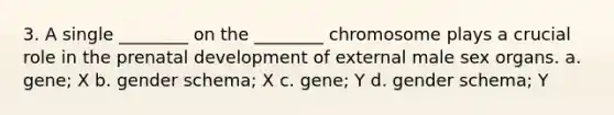 3. A single ________ on the ________ chromosome plays a crucial role in the prenatal development of external male sex organs. a. gene; X b. gender schema; X c. gene; Y d. gender schema; Y