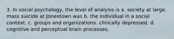 3. In social psychology, the level of analysis is a. society at large. mass suicide at Jonestown was b. the individual in a social context. c. groups and organizations. clinically depressed. d. cognitive and perceptual brain processes.