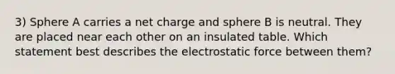 3) Sphere A carries a net charge and sphere B is neutral. They are placed near each other on an insulated table. Which statement best describes the electrostatic force between them?