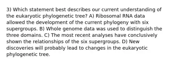 3) Which statement best describes our current understanding of the eukaryotic phylogenetic tree? A) Ribosomal RNA data allowed the development of the current phylogeny with six supergroups. B) Whole genome data was used to distinguish the three domains. C) The most recent analyses have conclusively shown the relationships of the six supergroups. D) New discoveries will probably lead to changes in the eukaryotic phylogenetic tree.