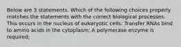 Below are 3 statements. Which of the following choices properly matches the statements with the correct biological processes. This occurs in the nucleus of eukaryotic cells: Transfer RNAs bind to amino acids in the cytoplasm; A polymerase enzyme is required;