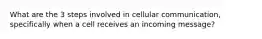 What are the 3 steps involved in cellular communication, specifically when a cell receives an incoming message?