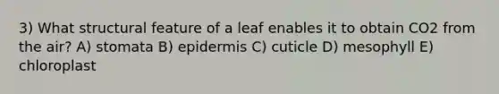 3) What structural feature of a leaf enables it to obtain CO2 from the air? A) stomata B) epidermis C) cuticle D) mesophyll E) chloroplast