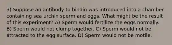 3) Suppose an antibody to bindin was introduced into a chamber containing sea urchin sperm and eggs. What might be the result of this experiment? A) Sperm would fertilize the eggs normally. B) Sperm would not clump together. C) Sperm would not be attracted to the egg surface. D) Sperm would not be motile.