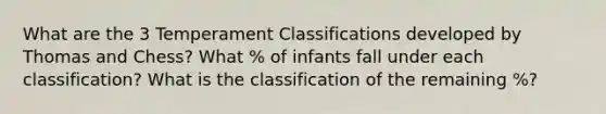 What are the 3 Temperament Classifications developed by Thomas and Chess? What % of infants fall under each classification? What is the classification of the remaining %?