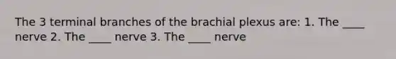 The 3 terminal branches of the brachial plexus are: 1. The ____ nerve 2. The ____ nerve 3. The ____ nerve