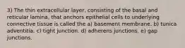 3) The thin extracellular layer, consisting of the basal and reticular lamina, that anchors epithelial cells to underlying connective tissue is called the a) basement membrane. b) tunica adventitia. c) tight junction. d) adherens junctions. e) gap junctions.