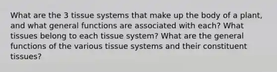 What are the 3 tissue systems that make up the body of a plant, and what general functions are associated with each? What tissues belong to each tissue system? What are the general functions of the various tissue systems and their constituent tissues?