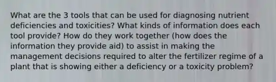 What are the 3 tools that can be used for diagnosing nutrient deficiencies and toxicities? What kinds of information does each tool provide? How do they work together (how does the information they provide aid) to assist in making the management decisions required to alter the fertilizer regime of a plant that is showing either a deficiency or a toxicity problem?