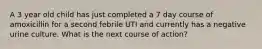 A 3 year old child has just completed a 7 day course of amoxicillin for a second febrile UTI and currently has a negative urine culture. What is the next course of action?