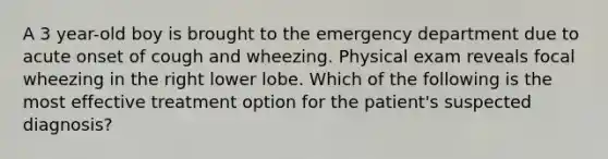 A 3 year-old boy is brought to the emergency department due to acute onset of cough and wheezing. Physical exam reveals focal wheezing in the right lower lobe. Which of the following is the most effective treatment option for the patient's suspected diagnosis?