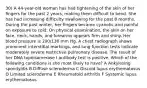 30) A 44-year-old woman has had tightening of the skin of her ﬁngers for the past 2 years, making them difﬁcult to bend. She has had increasing difﬁculty swallowing for the past 8 months. During the past winter, her ﬁngers became cyanotic and painful on exposure to cold. On physical examination, the skin on her face, neck, hands, and forearms appears ﬁrm and shiny. Her blood pressure is 200/130 mm Hg. A chest radiograph shows prominent interstitial markings, and lung function tests indicate moderately severe restrictive pulmonary disease. The result of her DNA topoisomerase I antibody test is positive. Which of the following conditions is she most likely to have? A Ankylosing spondylitis B Diffuse scleroderma C Discoid lupus erythematosus D Limited scleroderma E Rheumatoid arthritis F Systemic lupus erythematosus