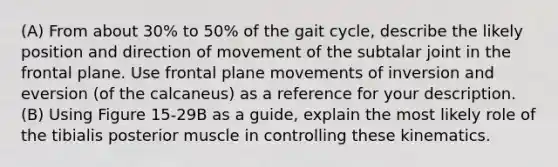 (A) From about 30% to 50% of the gait cycle, describe the likely position and direction of movement of the subtalar joint in the frontal plane. Use frontal plane movements of inversion and eversion (of the calcaneus) as a reference for your description. (B) Using Figure 15-29B as a guide, explain the most likely role of the tibialis posterior muscle in controlling these kinematics.