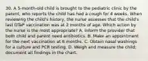 30. A 5-month-old child is brought to the pediatric clinic by the parent, who reports the child has had a cough for 4 weeks. When reviewing the child's history, the nurse assesses that the child's last DTaP vaccination was at 2 months of age. Which action by the nurse is the most appropriate? A. Inform the provider that both child and parent need antibiotics. B. Make an appointment for the next vaccination at 6 months. C. Obtain nasal washings for a culture and PCR testing. D. Weigh and measure the child; document all findings in the chart.