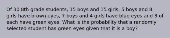 Of 30 8th grade students, 15 boys and 15 girls, 5 boys and 8 girls have brown eyes, 7 boys and 4 girls have blue eyes and 3 of each have green eyes. What is the probability that a randomly selected student has green eyes given that it is a boy?