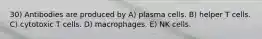 30) Antibodies are produced by A) plasma cells. B) helper T cells. C) cytotoxic T cells. D) macrophages. E) NK cells.