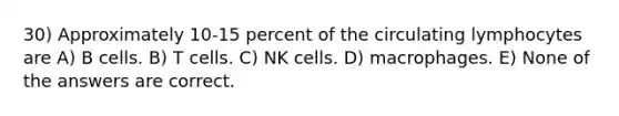 30) Approximately 10-15 percent of the circulating lymphocytes are A) B cells. B) T cells. C) NK cells. D) macrophages. E) None of the answers are correct.