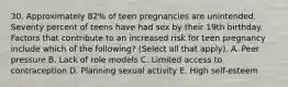 30. Approximately 82% of teen pregnancies are unintended. Seventy percent of teens have had sex by their 19th birthday. Factors that contribute to an increased risk for teen pregnancy include which of the following? (Select all that apply). A. Peer pressure B. Lack of role models C. Limited access to contraception D. Planning sexual activity E. High self-esteem