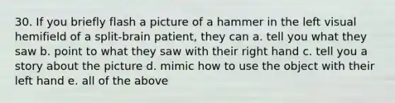 30. If you briefly flash a picture of a hammer in the left visual hemifield of a split-brain patient, they can a. tell you what they saw b. point to what they saw with their right hand c. tell you a story about the picture d. mimic how to use the object with their left hand e. all of the above