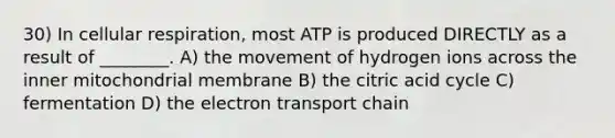 30) In <a href='https://www.questionai.com/knowledge/k1IqNYBAJw-cellular-respiration' class='anchor-knowledge'>cellular respiration</a>, most ATP is produced DIRECTLY as a result of ________. A) the movement of hydrogen ions across the inner mitochondrial membrane B) the citric acid cycle C) fermentation D) <a href='https://www.questionai.com/knowledge/k57oGBr0HP-the-electron-transport-chain' class='anchor-knowledge'>the electron transport chain</a>