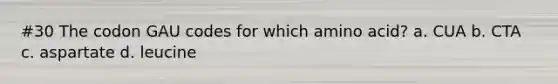 #30 The codon GAU codes for which amino acid? a. CUA b. CTA c. aspartate d. leucine