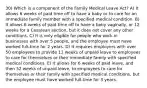 30) Which is a component of the Family Medical Leave Act? A) It allows 6 weeks of paid time off to have a baby or to care for an immediate family member with a specified medical condition. B) It allows 6 weeks of paid time off to have a baby vaginally, or 12 weeks for a Cesarean section, but it does not cover any other conditions. C) It is only eligible for people who work in businesses with over 5 people, and the employee must have worked full-time for 2 years. D) It requires employers with over 50 employees to provide 12 weeks of unpaid leave to employees to care for themselves or their immediate family with specified medical conditions. E) It allows for 6 weeks of paid leave, and then 52 weeks of unpaid leave, to employees to care for themselves or their family with specified medical conditions, but the employee must have worked full-time for 3 years.