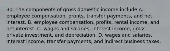 30. The components of gross domestic income include A. employee compensation, profits, transfer payments, and net interest. B. employee compensation, profits, rental income, and net interest. C. wages and salaries, interest income, gross private investment, and depreciation. D. wages and salaries, interest income, transfer payments, and indirect business taxes.